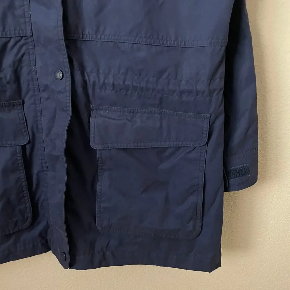 Eddie‎ Bauer Vintage Jacket Womens Medium Navy Blue Full Zip Hooded Button Snap
